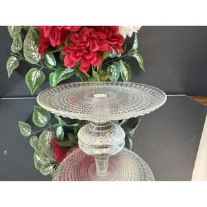 Vintage Clear Glass Pedestal Cake Stand‎ Pressed Glass Daisy Button Round Footed